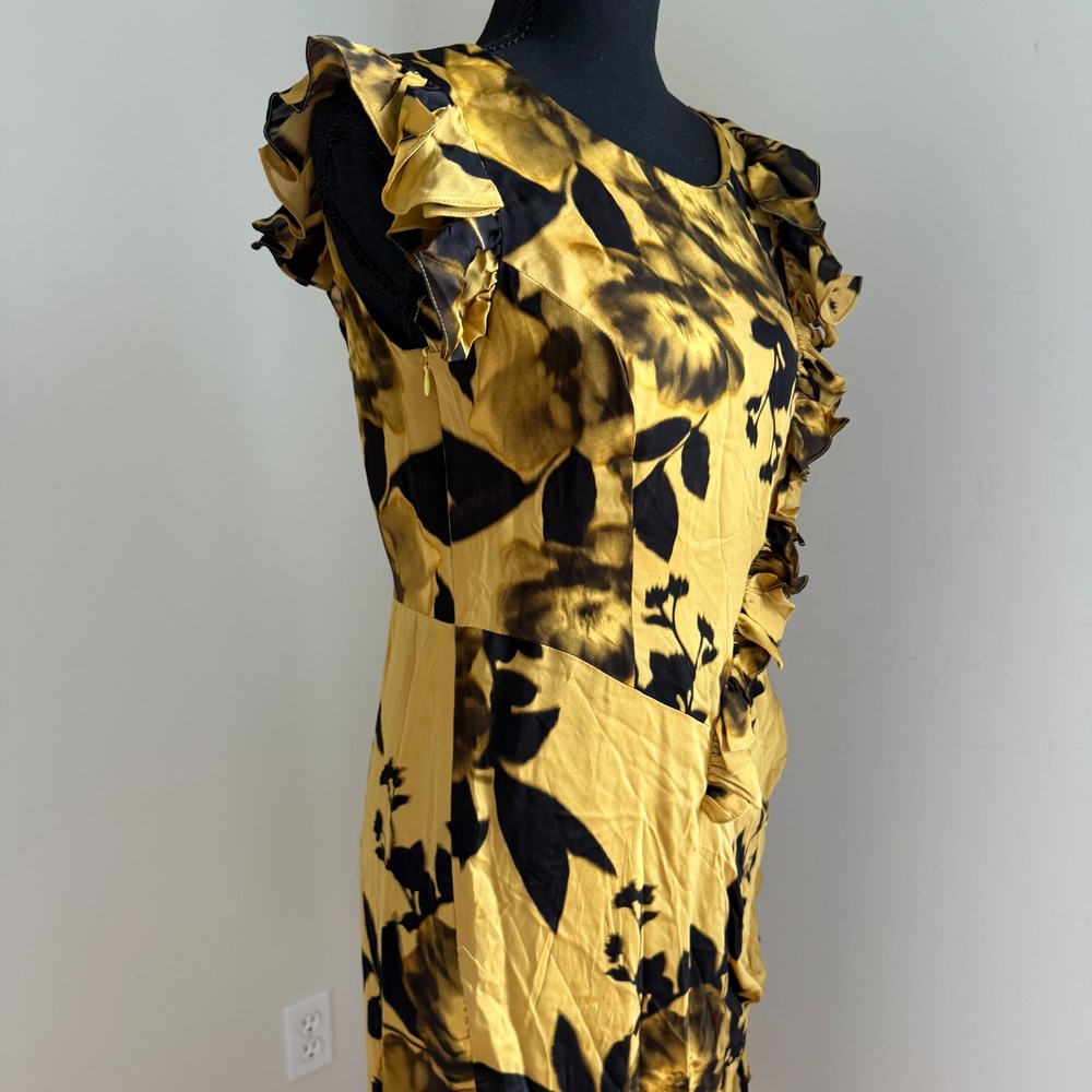 Benson 100% Silk Ruffle Dress Size 10 Gold Black Floral Sleeveless Shift!